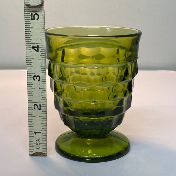 Vintage Indiana Colony Whitehall Cubist Avocado Green Glass Footed Goblet 4 1/4" - Picture 8 of 9